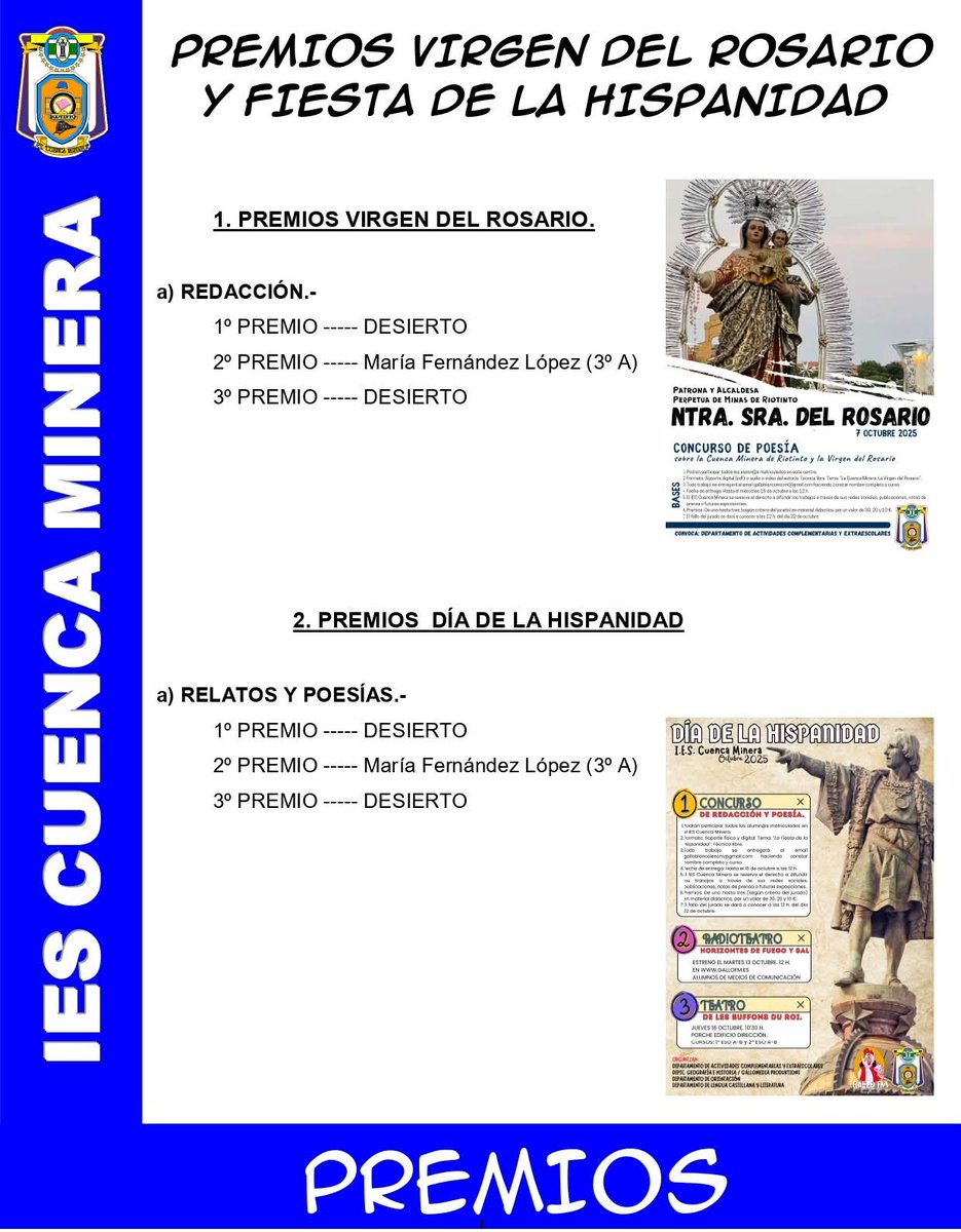 📢 PREMIOS de los Concursos de la Virgen del Rosario y del Día de la Hispanidad | Participa y Vive el #IESCM!! 🏆
