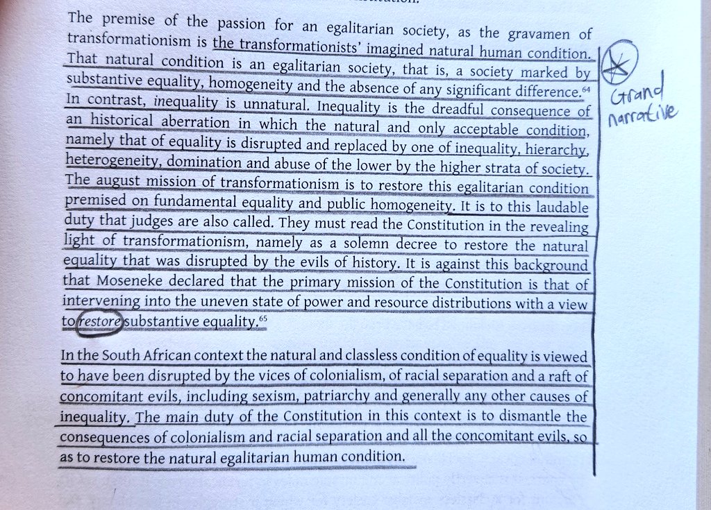The grand narrative of Transformationism, outlined by Prof. Koos Malan:

"South Africa, and Africa in general, was in a paradisiacal state of peace, abundance and equality that was only uprooted by the terrifying arrival of white colonialists, who caused this splendid natural