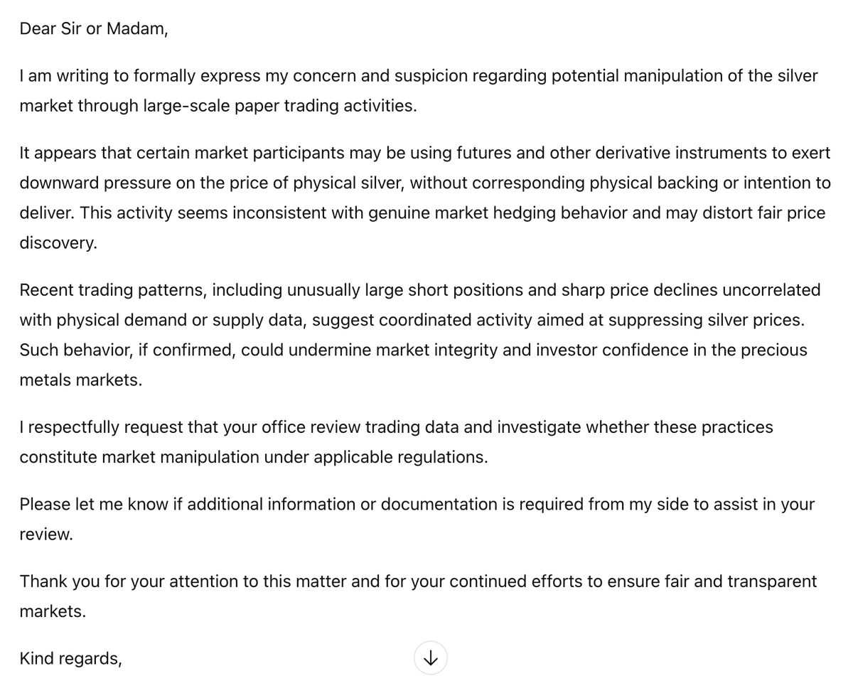 RiseHarvest's tweet image. Suspect silver price manipulation via paper trading? 📉

Report it to US regulators:
🇺🇸 CFTC → questions@cftc.gov
🇺🇸 SEC → help@sec.gov
🇺🇸 FINRA → investoreducation@finra.org

Transparency keeps markets fair. #Silver #CFTC #SEC #FINRA #MarketIntegrity