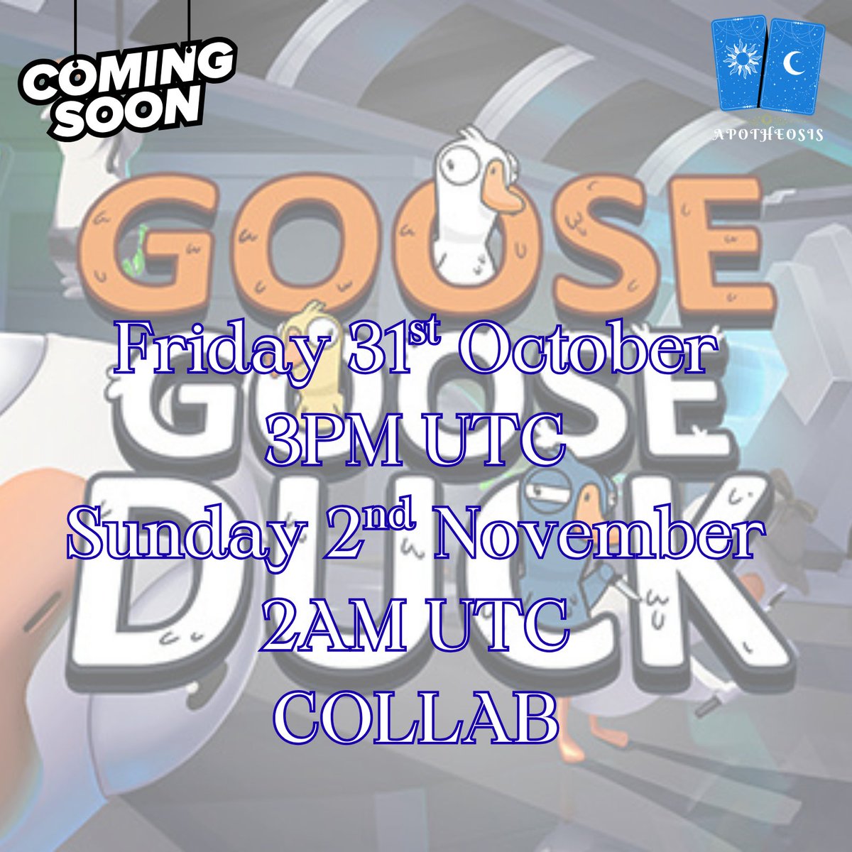 Our Community collabs are BACK! Interested in playing Goose Goose Duck with us? Drop us a message to get a link to our server, or join it from our pinned message to sign up!