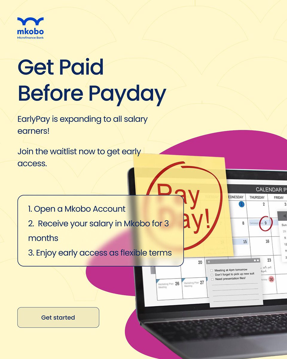 mkobobank's tweet photo. Tired of waiting till month-end? π
EarlyPay is coming to all salary earners!
Get your salary before payday, fast, simple, and secure.
Join the waitlist now for early access. ππ½
https://t.co/xV4LJfaHrK
#earlypay #mkobo #salaryadvance #smartmoney #everykobocounts https://t.co/f8JR8px5MH
