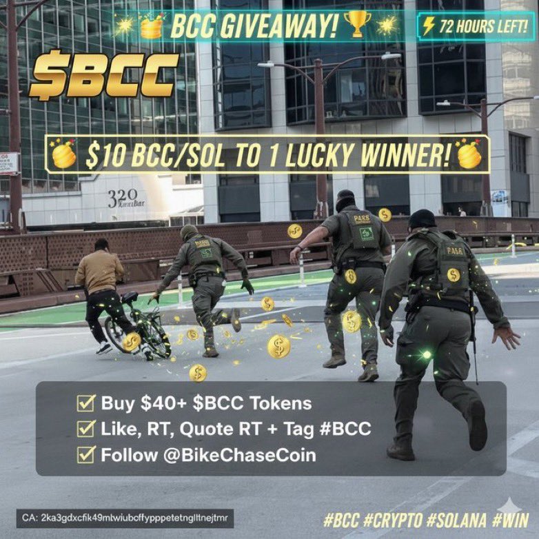 BikeChaseCoin's tweet image. 💫🎉 Opportunity To Win 💫🎉
$BCC Coin is doing a Giveaway, $10 in BCC/SOL to 1 lucky winner.🏆
To Enter: 
- Buy at least $40 cost $BCC tokens
- Like, RT, Quote RT & Tag #BCC
- Follow @BikeChaseCoin
Picking winner in next 72 hrs! Let's go guys 🎉🏆
#Crypto #Giveaway #Solana