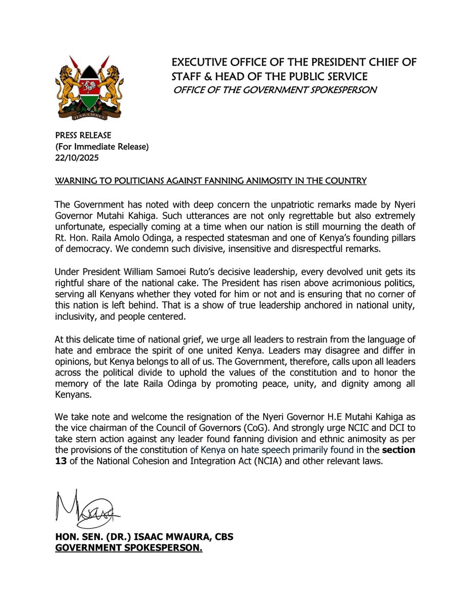 Over and above Mutahi Kahiga resigning, STERN ACTION  Must also be  taken against any leader who incites or fosters division amongst Kenyans based on ethnic or other lines.