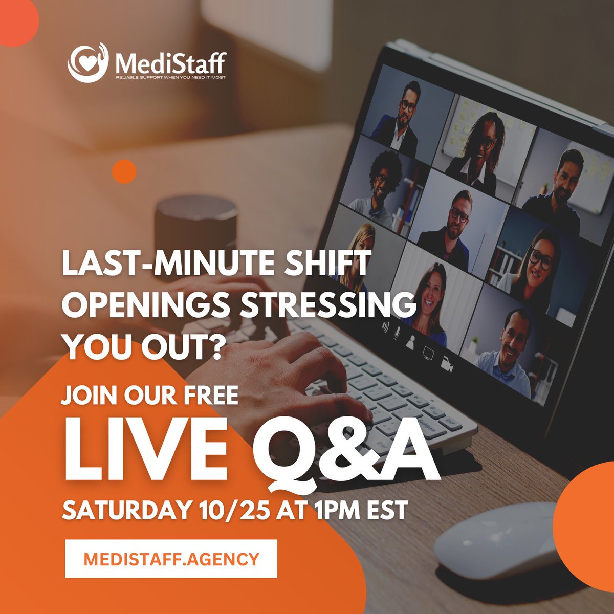 MediStaffAgency's tweet image. Let’s talk about ways to make staffing more predictable and less chaotic. 🕒

Join the free Live Q&amp;amp;A this Saturday at 1PM EST — no commitment, just solutions.

👉 bit.ly/liveqamedistaff

#HealthcareStaffing #ShiftCoverage #HealthcareSupport #LiveQA #MedicalCommunity #Medistaff