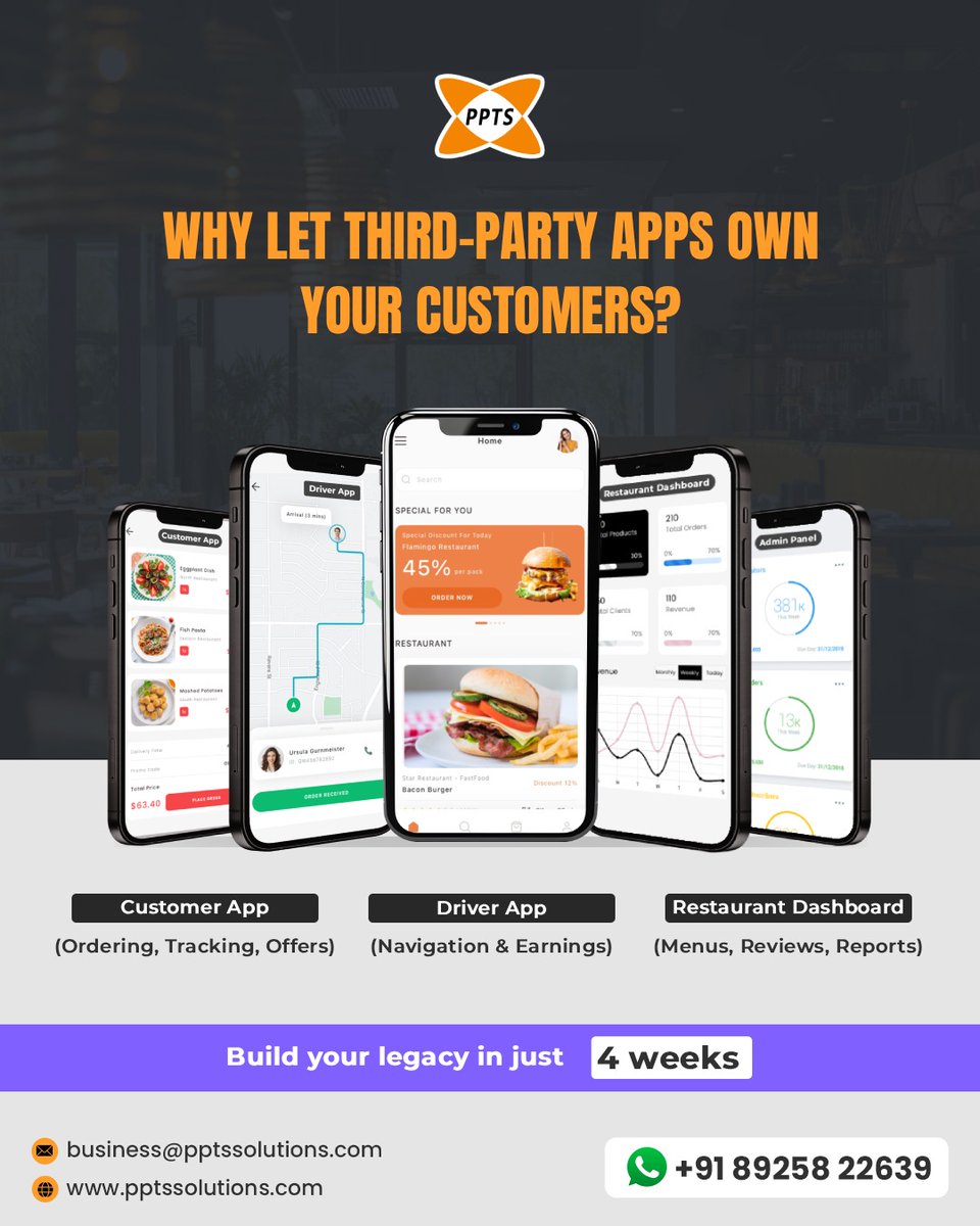 Stop letting third-party apps own your customers. 
Build your own food delivery app control your data, profits &amp; brand.

Launch in just 4 weeks with PPTS!📱

#FoodDeliveryApp #RestaurantTech #AppDevelopment #BusinessGrowth #PPTSSolutions