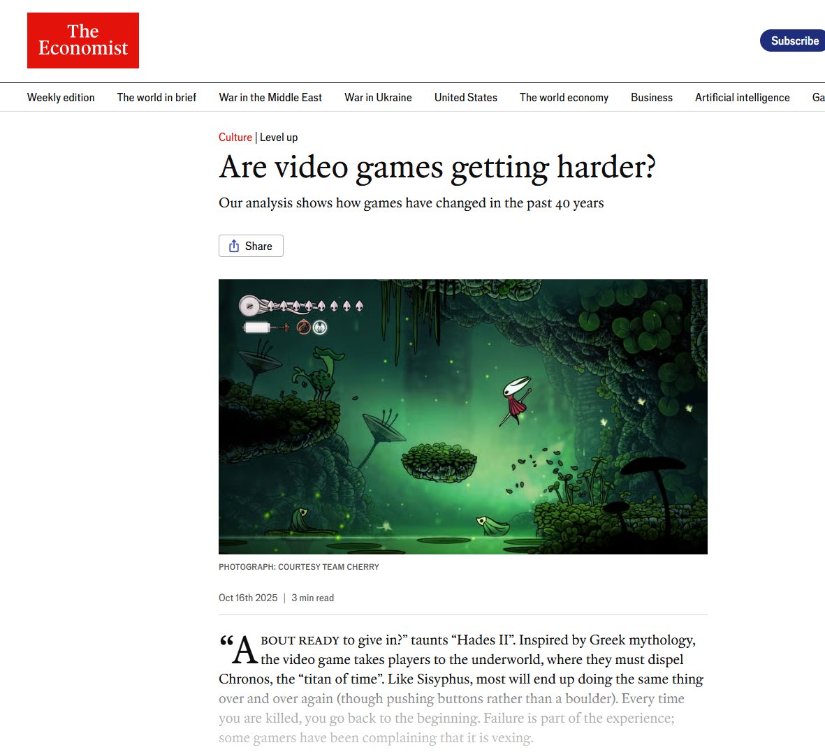 Great. Now even the <a href="/TheEconomist/">The Economist</a> is complaining about Silksong being too difficult.
