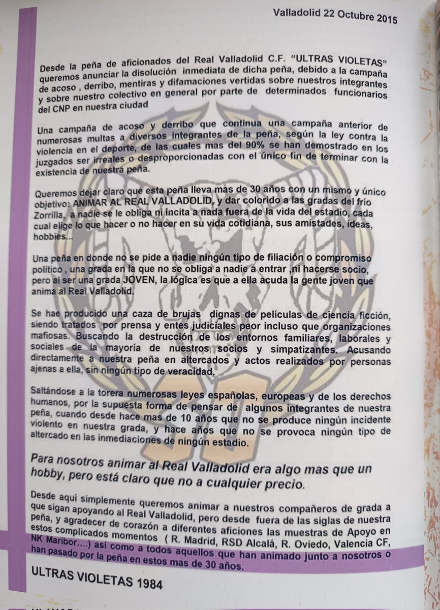 Tal día como hoy, pero hace 10 años se disolvía Ultras Violetas, la peña más longeva que apoyó incondicionalmente al Real Valladolid.

Este hilo va dedicado a aquellos amigos y no tan amigos que mostraron su apoyo.