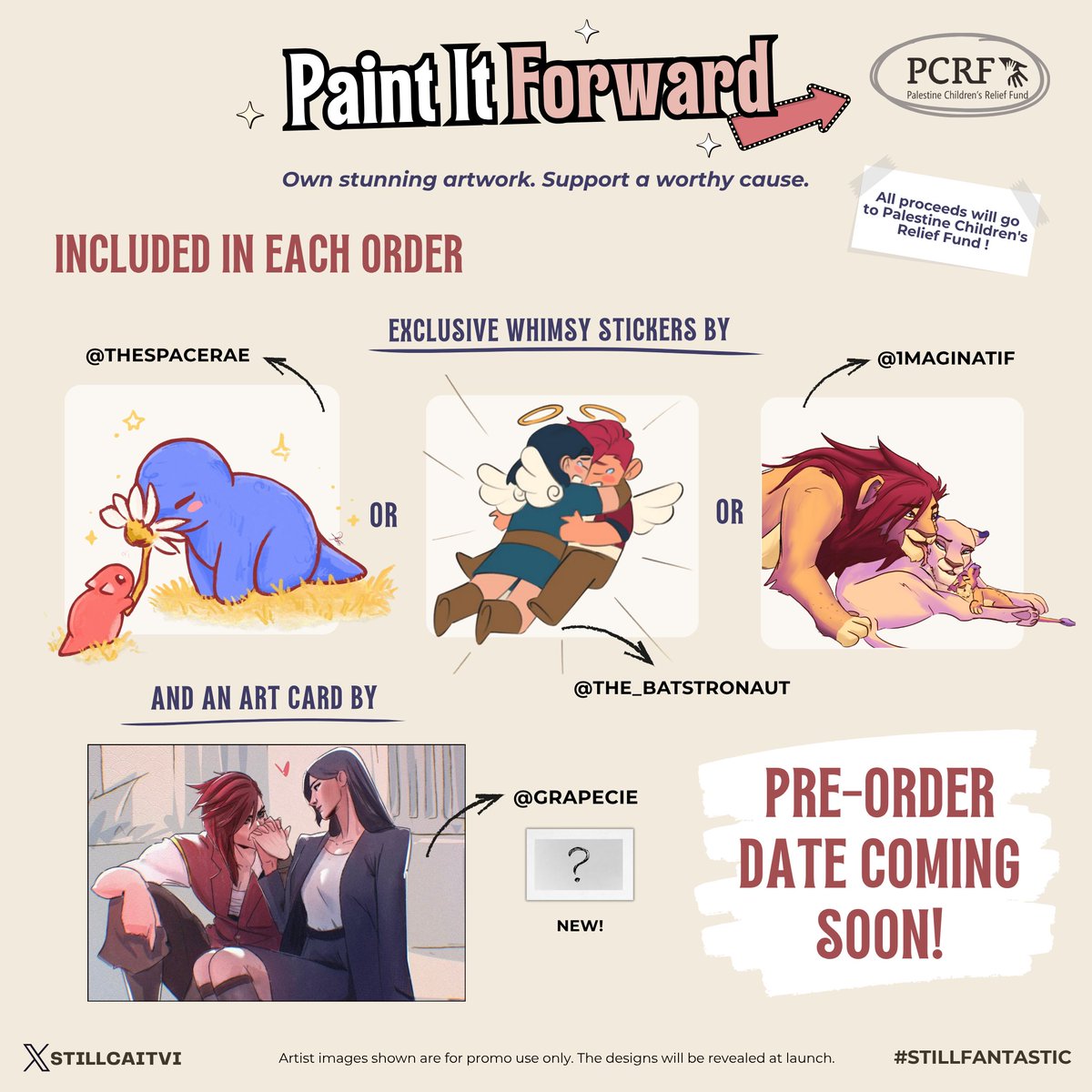 stillcaitvi's tweet image. 🚨#PAINTitFORWARD Reveal!🚨 EACH order comes with TWO EXCLUSIVE freebies: a whimsy sticker set + an art card by the amazing artists below. Look who clocked in 👀

Profits go to @ThePCRF. Get new CaitVi art &amp;amp; support a worthy cause. Pre-order announcement soon! #StillFantastic