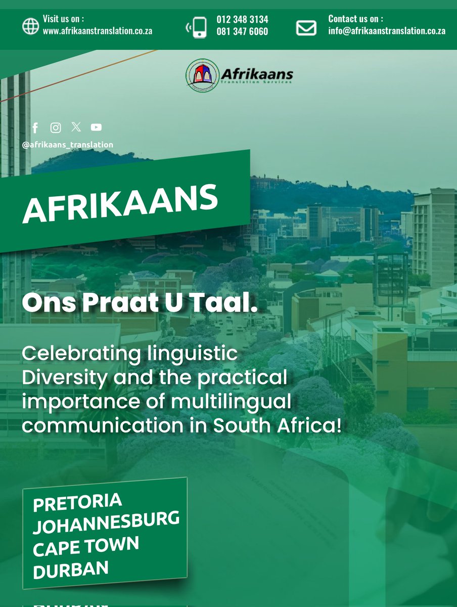AfrikaansT_SA's tweet image. 🌍 Language connects us!
At Afrikaans Translation Services, we celebrate multilingual communication across South Africa - because Ons praat U taal! 💬
#AfrikaansTranslation #LanguageDiversity #ProfessionalService #TranslationExperts #SouthAfrica