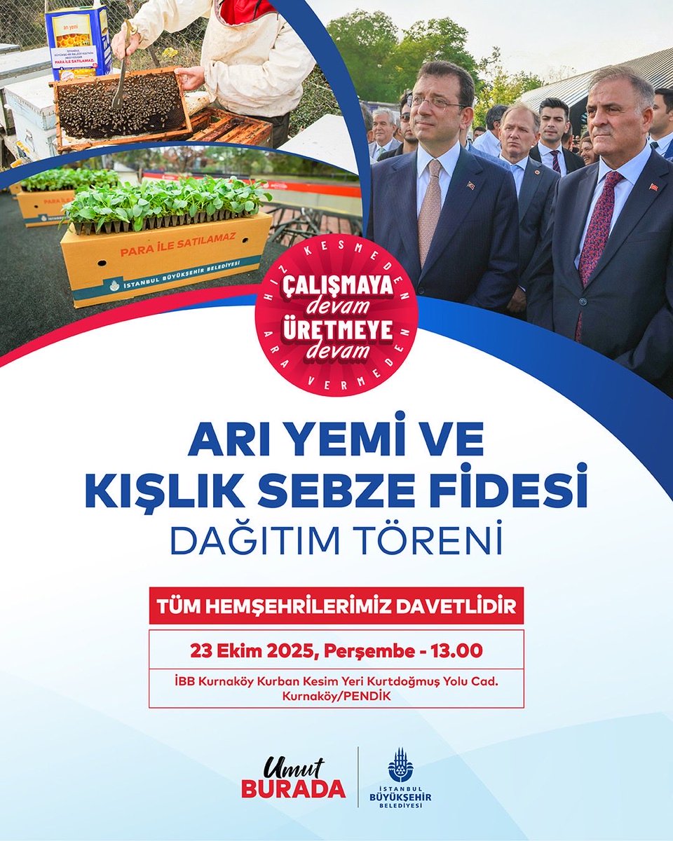 İstanbul'un tarlasına, merasına, denizine umut ekiyoruz. 

Çiftçilerimizi desteklemeye, toprağımıza ve emeğe sahip çıkmaya devam ediyoruz.

Arı Yemi ve Kışlık Sebze Dağıtım Törenimize tüm İstanbulluları bekliyoruz.