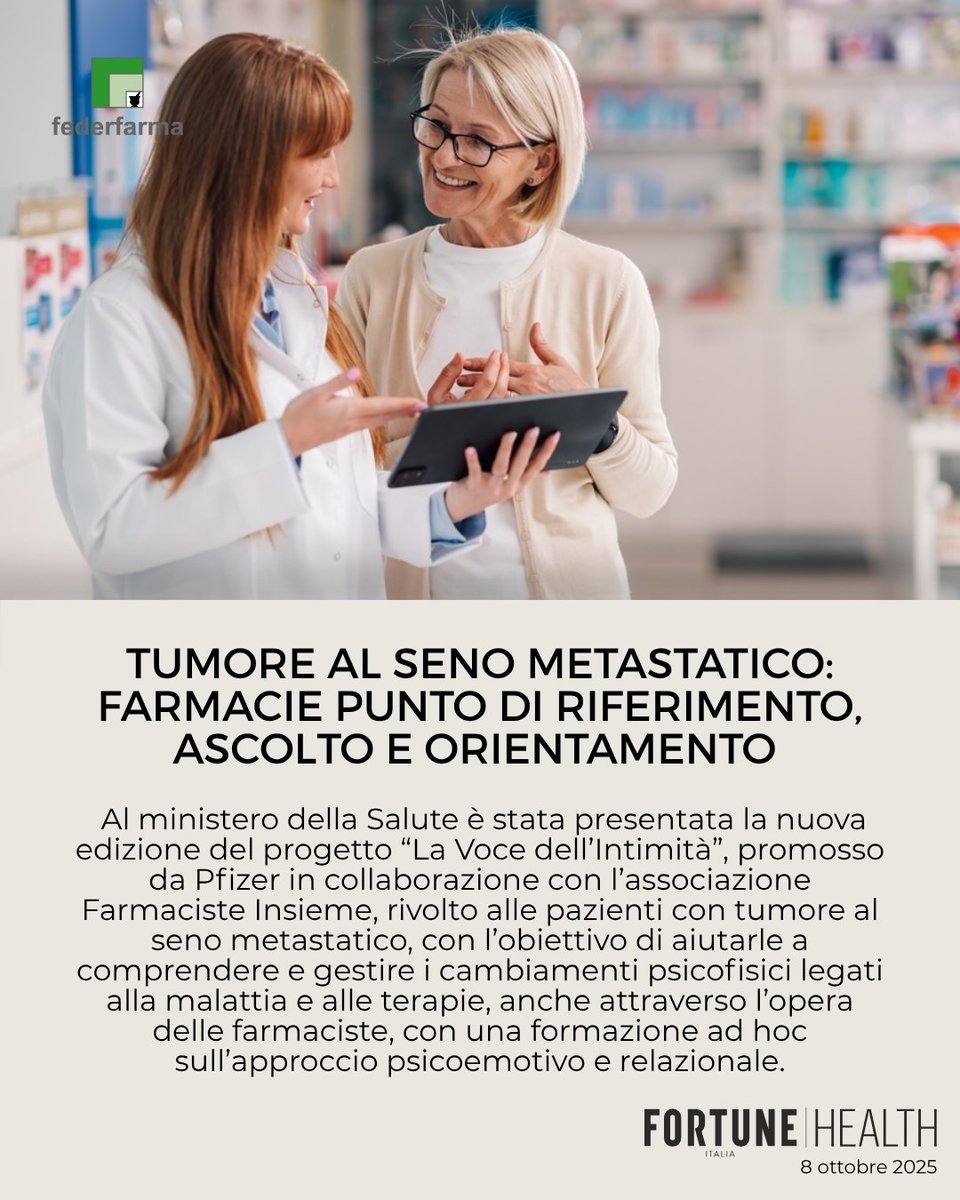 Con “La Voce dell’Intimità”, Pfizer e #FarmacisteInsieme rendono le #farmacie punti di ascolto per le donne con #tumorealseno metastatico. 📍 Per tutto ottobre, nelle farmacie aderenti, una locandina dedicata con QR code rimanda al sito della campagna.
fortuneita.com/2025/10/08/tum…