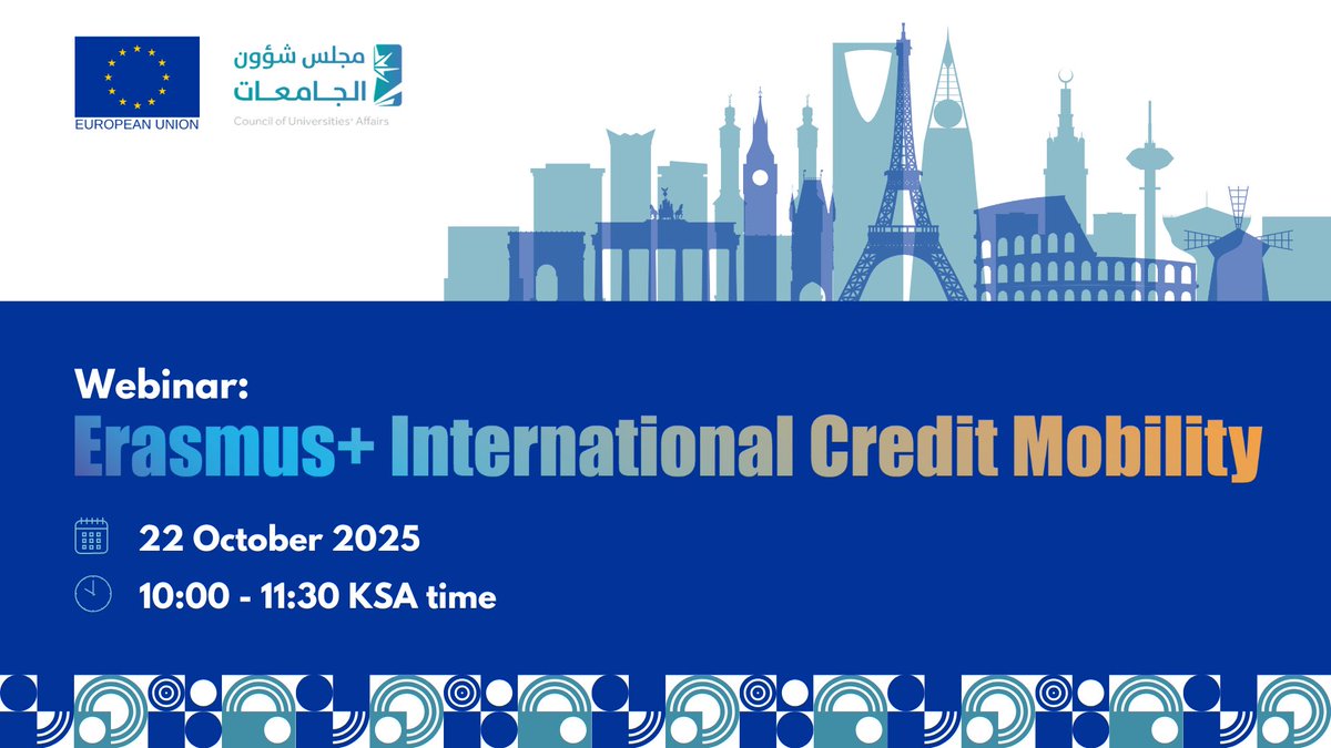 EUintheGCC's tweet photo. More than 125 participants from universities all across 🇸🇦 joined our webinar exploring opportunities to have student &amp; staff exchanges under #ErasmusPlus International Credit Mobility program! Together we’re building new bridges through education and research exchange. 🌍🎓 https://t.co/3WSzfylkeI
