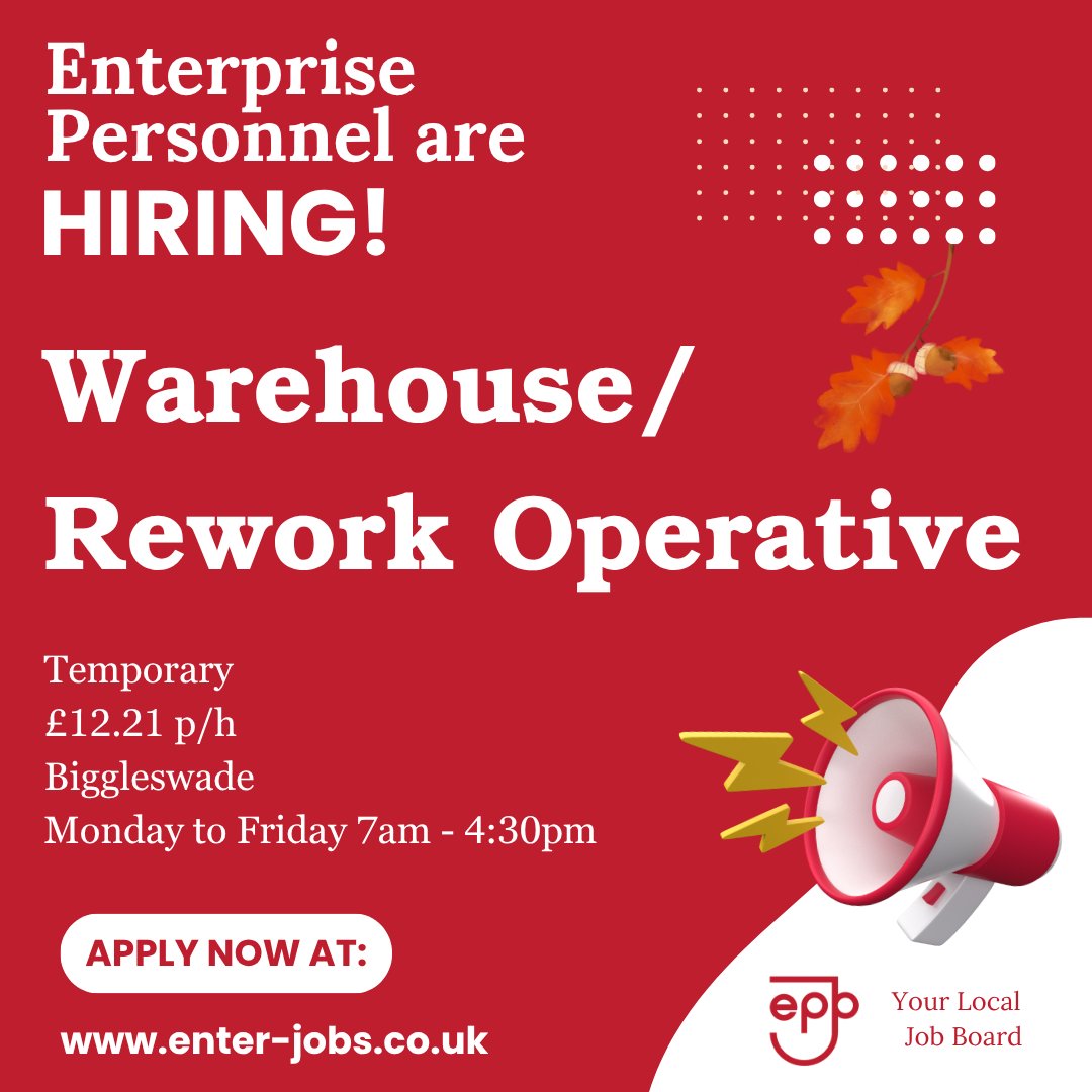 EnterJobs's tweet image. Enterprise Personnel's client is seeking Warehouse/Rework Operatives in Biggleswade.
Apply now via our website! 

#warehouseoperative #WarehouseJobs #WarehouseWork #warehousemanagement #warehousing #reworkoperative #logisticsjobs #operativejobs #biggleswade #bedfordshire