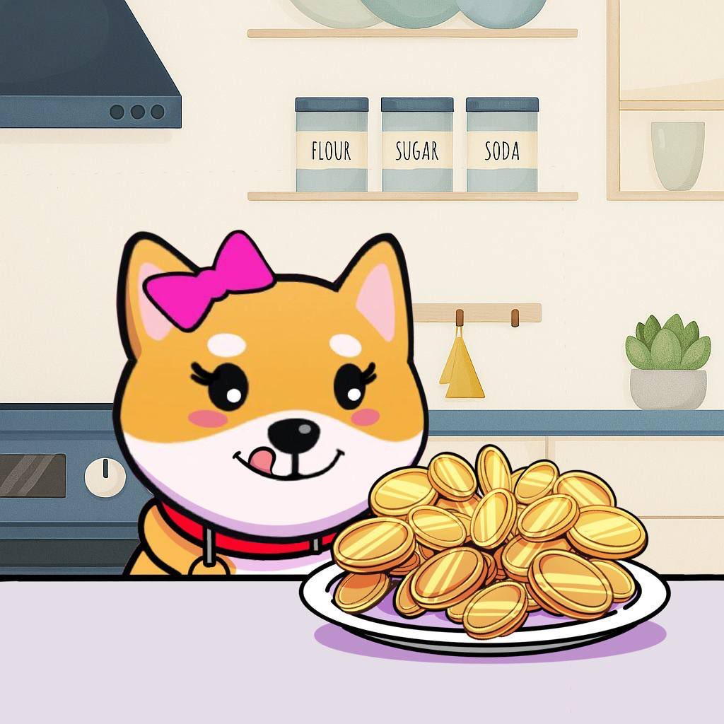 キッチンで金色のパンケーキを前に舌なめずりするピンクのリボンを付けた可愛いオレンジ色のシバイヌ