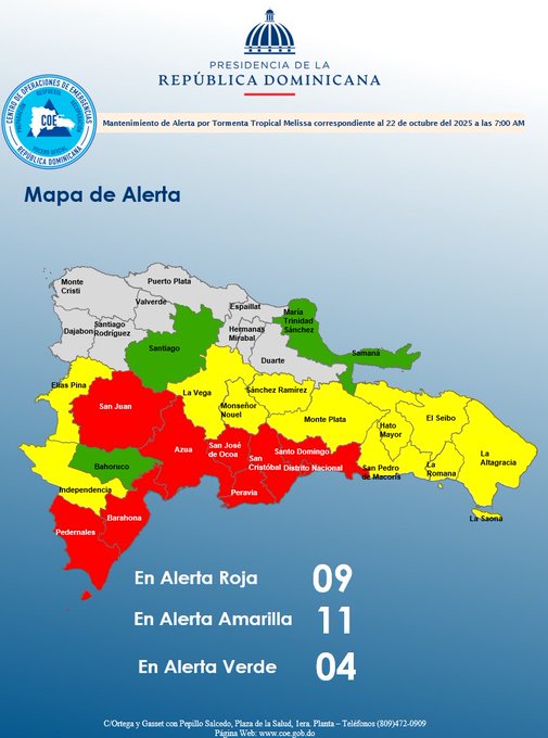 Map of alerts for Tropical Storm Melissa in the Dominican Republic showing provinces colored by alert level: red for high risk areas like San Juan and Pedernales, yellow for moderate like La Vega and Santiago, green for low like El Seibo, with counts of 09 in red, 11 in yellow, 04 in green, official logos from Presidency and COE at top, text labels for provinces and alert levels.