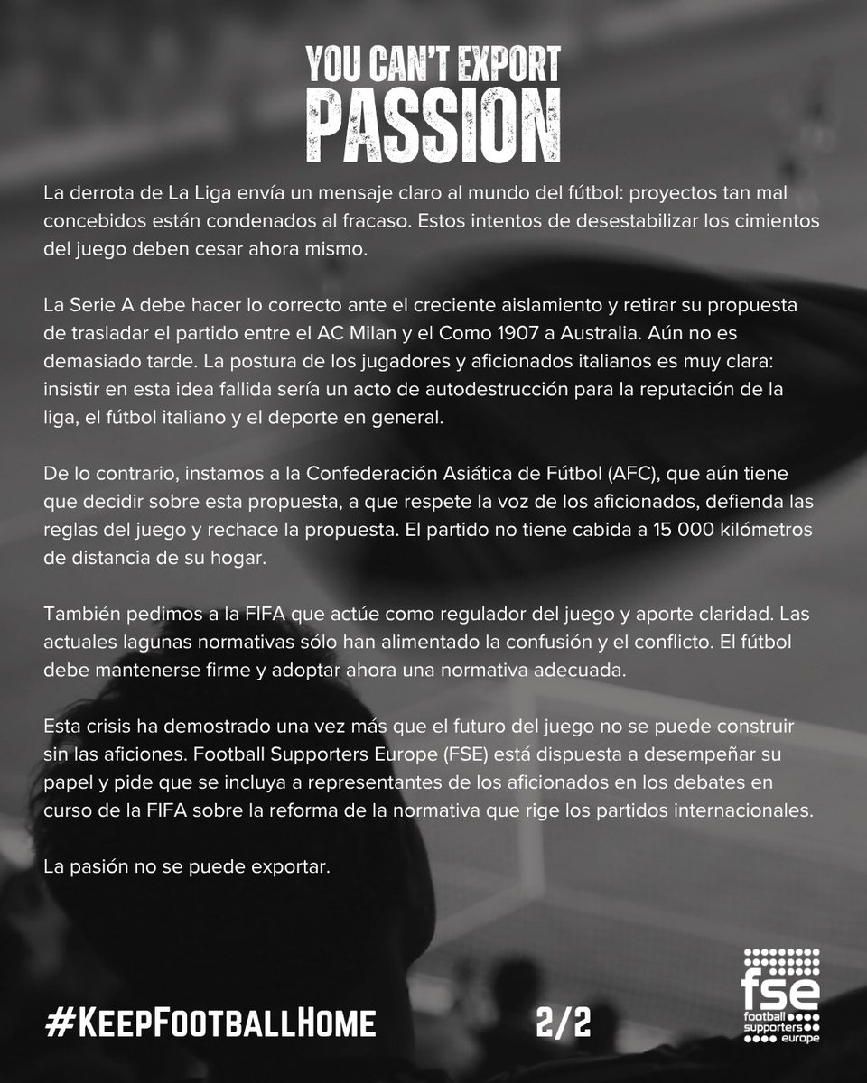 El partido de La Liga entre el Villarreal y el FC Barcelona no se trasladará a Miami: el fútbol europeo ha vuelto a mostrarse firme para proteger nuestro deporte.

La gobernanza del fútbol español necesita una reforma ya, y <a href="/FASFEaficion/">FASFE</a> debe desempeñar un papel clave. 1/3