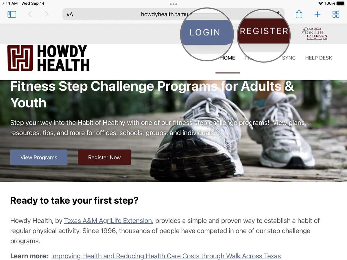 To participate in Walk Across Texas: Create an acct at howdyhealth.tamu.edu In the top toolbar select REGISTER. Follow the steps to register for your acct. Once you've created your acct w username &amp; password, select LOGIN. Now you're ready to create or join a WAT team! #WATWed