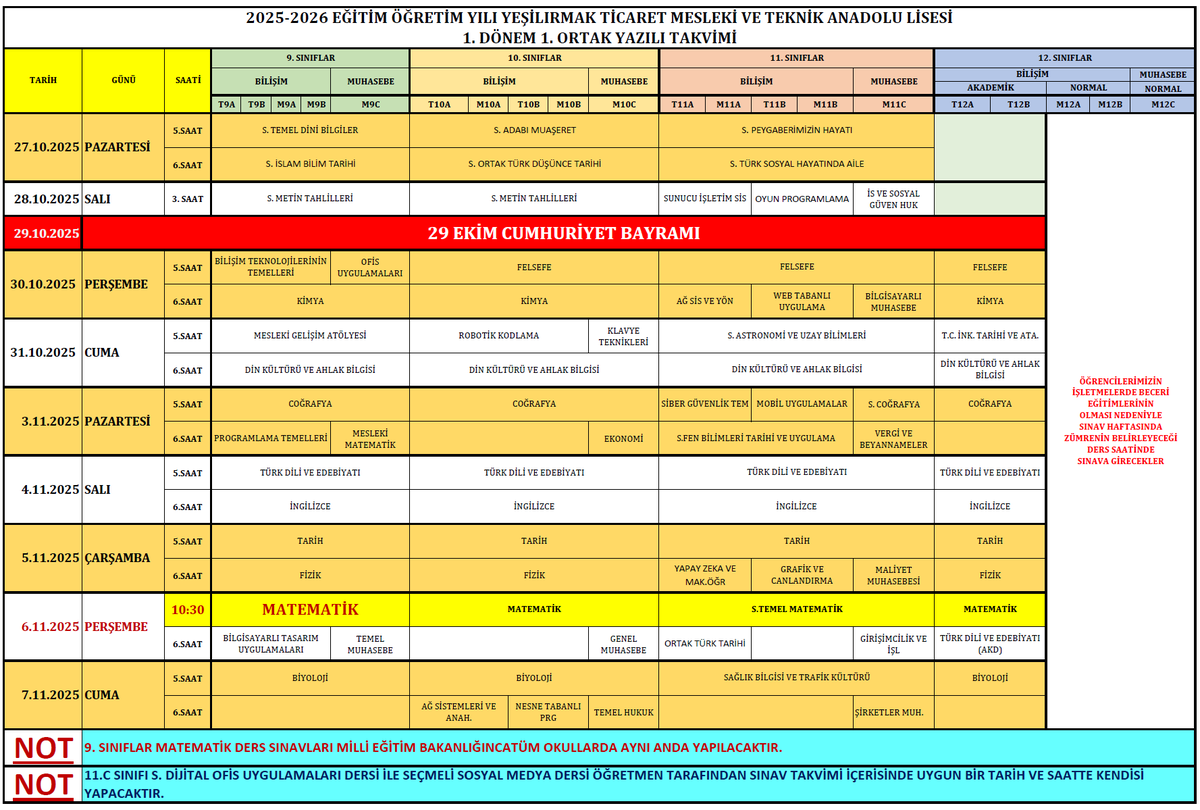 2025-2026 Eğitim yılı 1. dönem 1. Ortak sınav takvimimiz. Tüm veli ve öğrencilerimize duyurulur.
