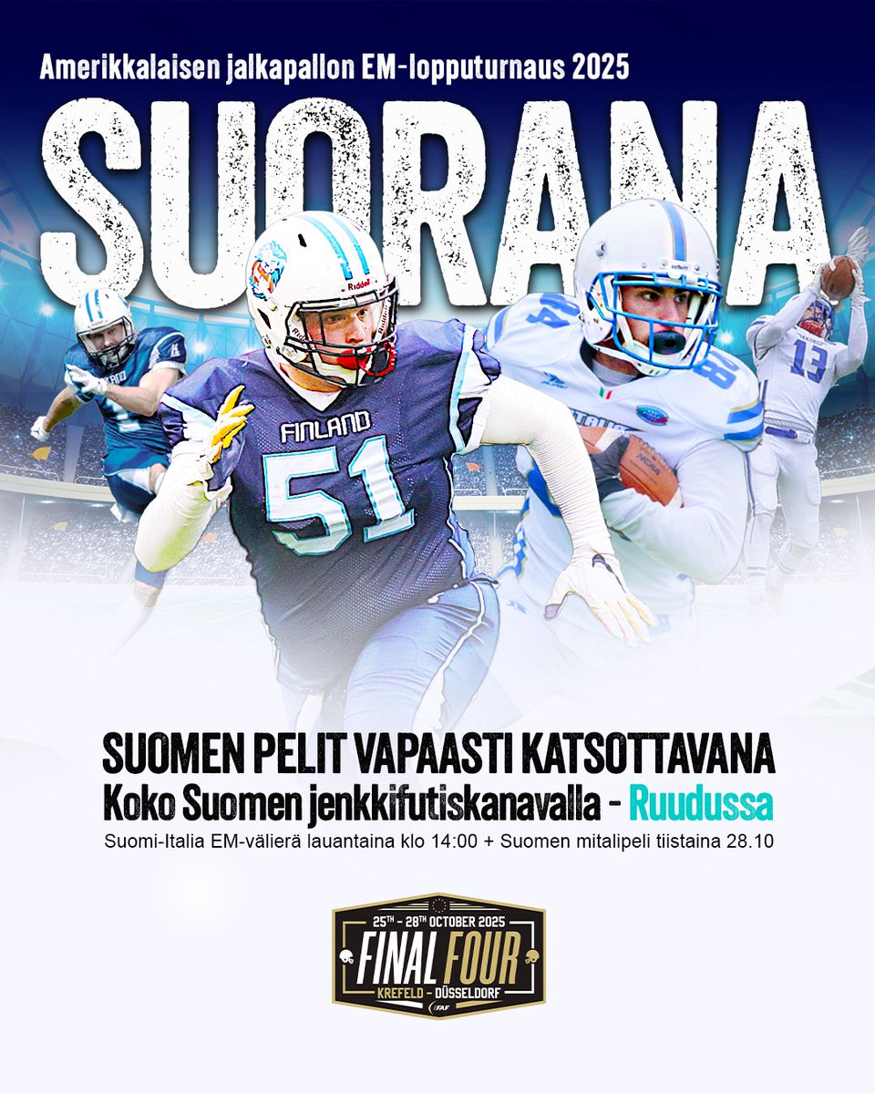Suomi taistelee EM-tittelistä lauantaina käynnistyvässä Final Four-turnauksessa. Suomen pelit suorina ja vapaasti katsottavina lähetyksinä Ruudussa 🏈 <a href="/RuutuUrheilu/">Ruutu Urheilu</a> 

La 25.10.  klo 13:55
🏈 Välieräpeli Suomi - Italia
Ti 28.10.   klo 13:55 tai 19:55
🏈 Pronssi- tai Loppuottelu