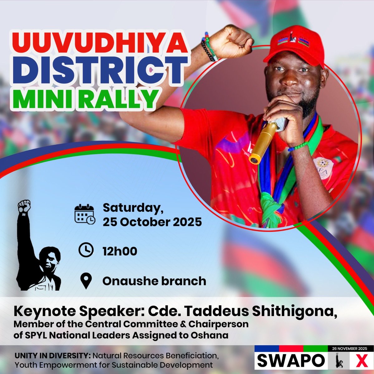 _ndeyatila's tweet photo. This Saturday, 25 October 2025, We’ll be with our people in the heart of Uuvudhiya district at Onaushe village. The message is clear. Vote SWAPO & all it’s candidates from all 121 constituencies & 59 local authorities of Namibia.
#SWAPOHasMyVote
#TheOnlyPartyWeTrust
#OnlySWAPO https://t.co/moMPzEvVxH