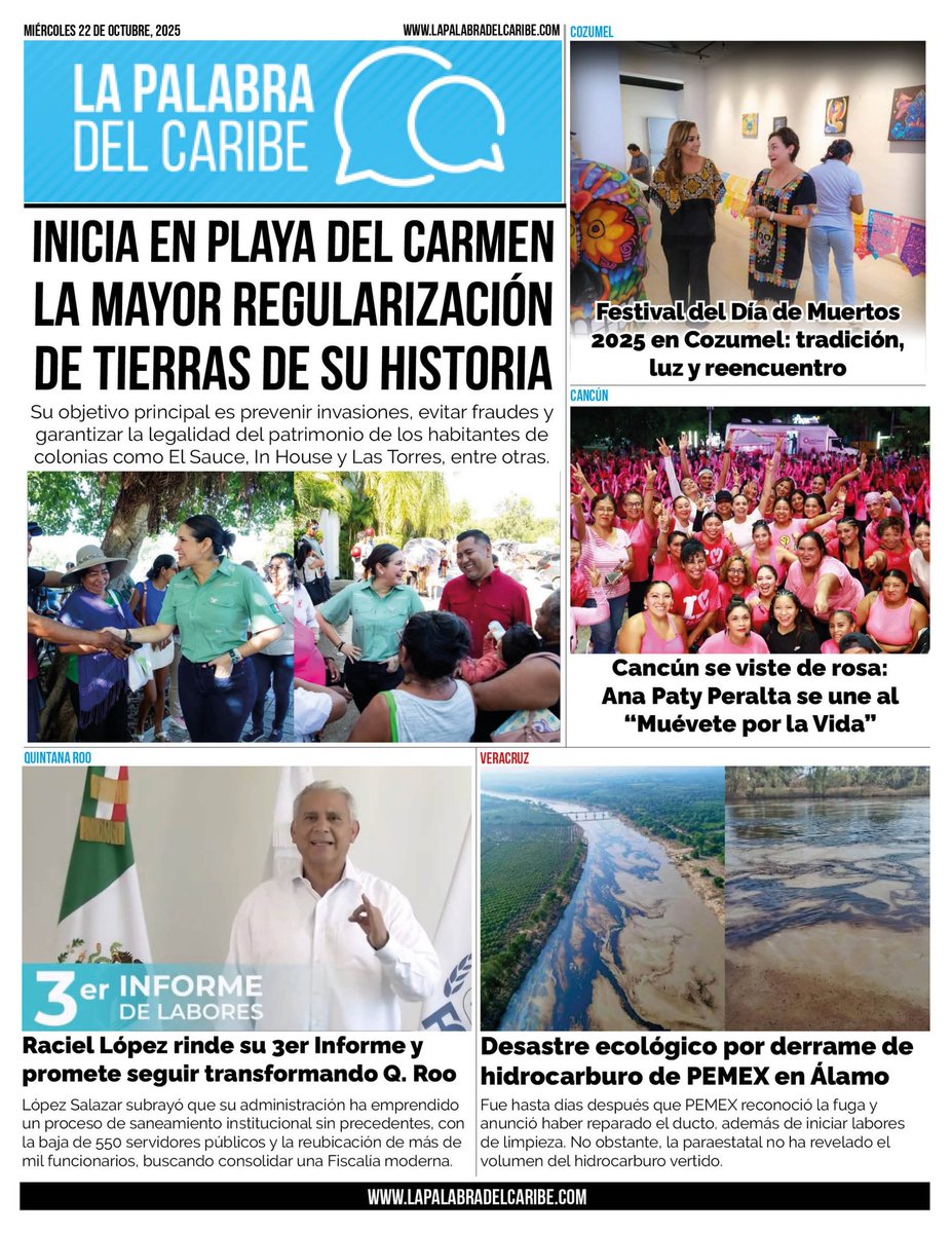 Inicia en Playa del Carmen la mayor regularización de tierras de su historia - bit.ly/4ht27cc
----
Cancún se viste de rosa: Ana Paty Peralta se une al “Muévete por la Vida” en apoyo a la lucha contra el cáncer de mama - bit.ly/3L2L18L