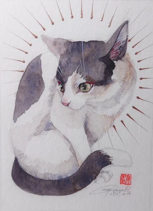 22日目2025/10/22 画材 水彩絵具、顔彩、鉛筆 用紙 アルビレオ 本日は白黒猫さん。日本で飼われている猫の中では3番目に多い柄とも。同じ柄の子がおらず、唯一無二の色柄なのも魅力的。……とうとうドローマラソンも22日!あと8日! #色鉛筆水彩強化マラソン2025 #裏花火落書