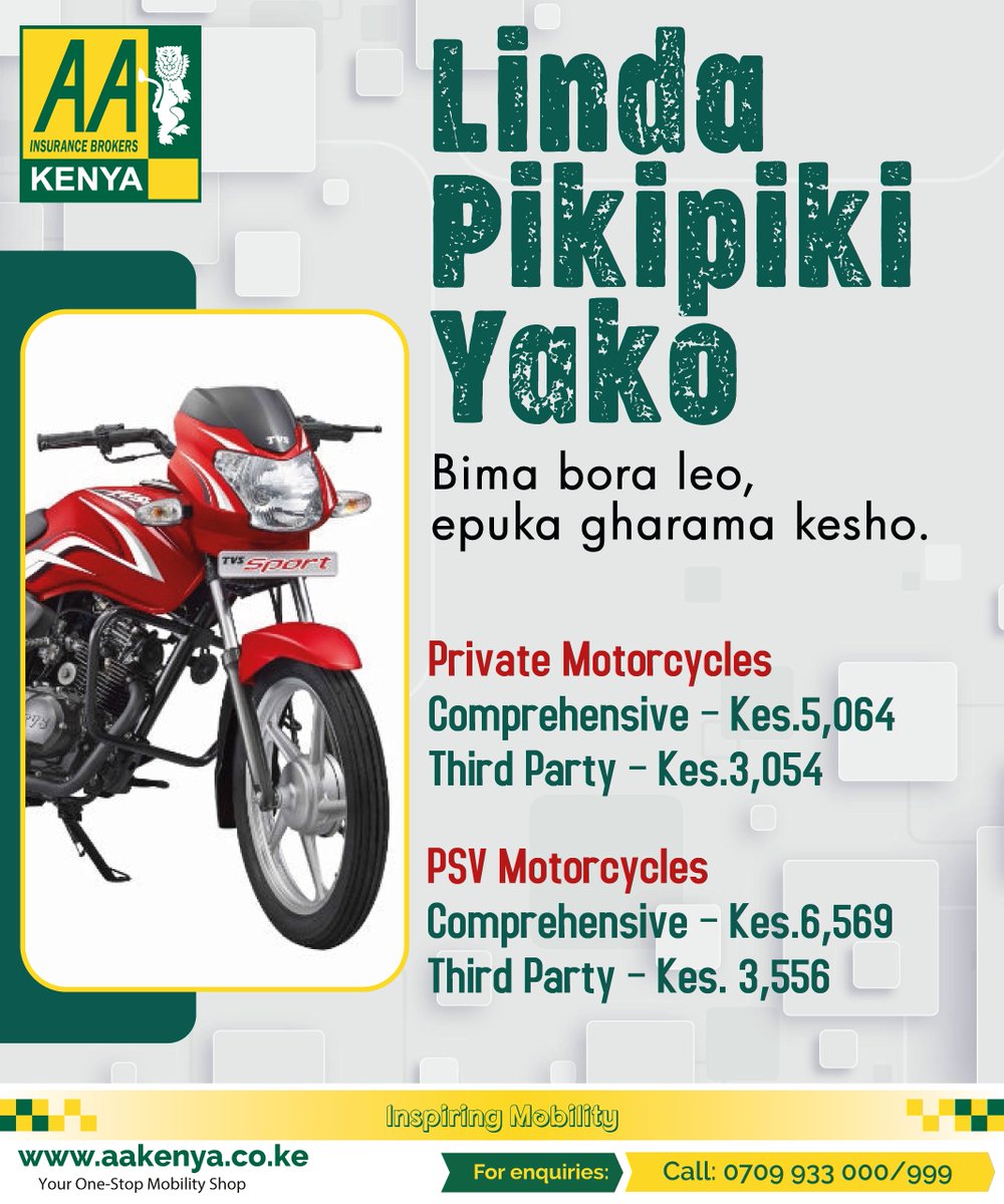Linda pikipiki yako leo! Chukua bima kutoka AA Insurance Brokers na uendeshe bila wasi. Tupigie simu kwa 0720940636 / 0709933000
#AAIBCares