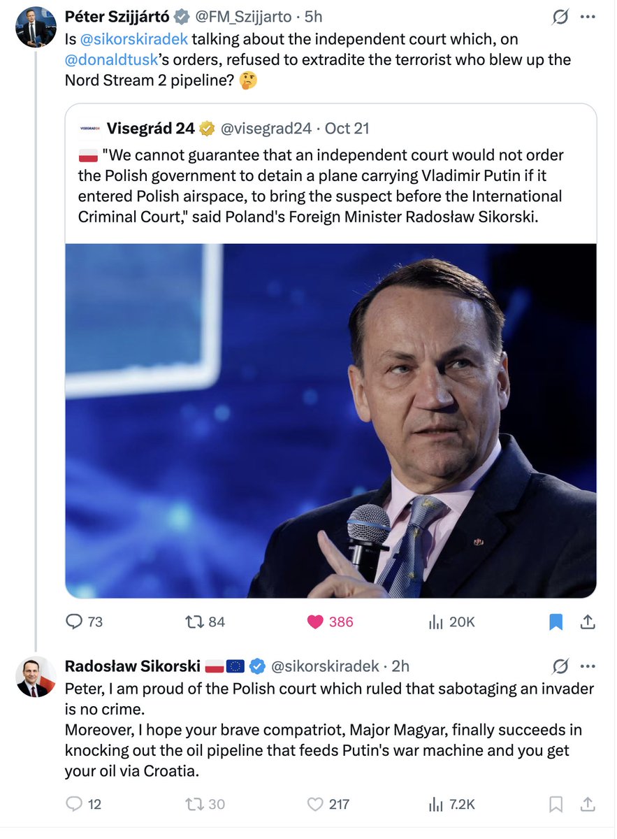 Wow! Polish foreign minister Sikorski moves from celebrating the Nord Stream attack on Germany  to celebrating a recent attack on Hungary. Anyone trading with Russia is now a legitimate target according to Polish leaders.