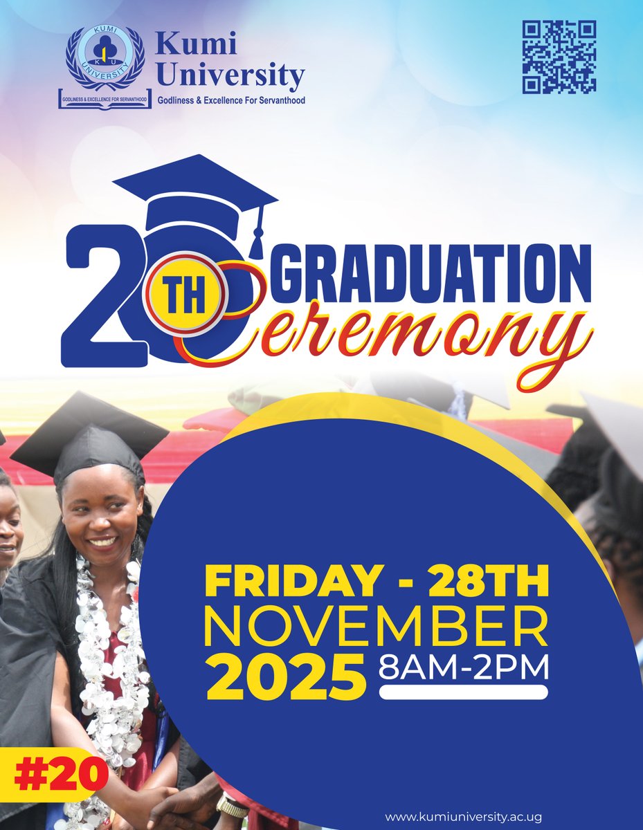 KUMI_University's tweet photo. π Kumi University proudly announces its 20th Graduation Ceremony on Friday, 28th November 2025 (8AMβ2PM).
Celebrating 20 years of Godliness & Excellence for Servanthood. ππ
#KumiUniversity #20thGraduation #ClassOf2025 https://t.co/rOGaYDRfRs