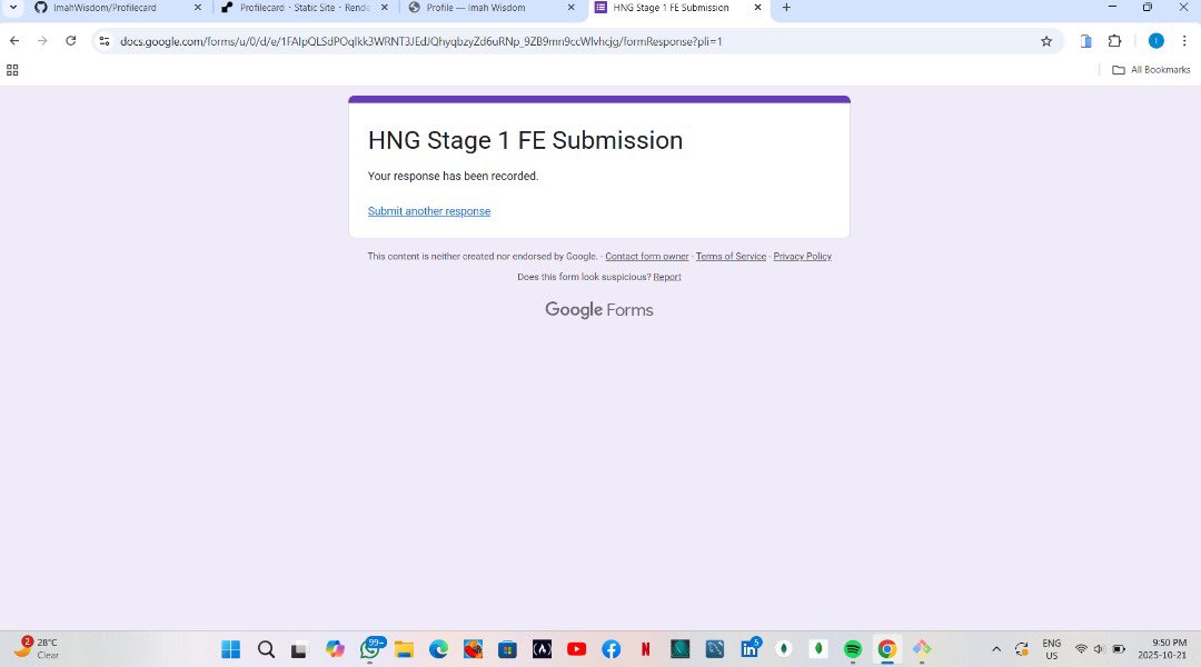 Wizzy0115's tweet image. Just completed Stage 1 of the HNG Internship! 🎉
Added an About Me page &amp; a validated Contact Form to my Stage 0 profile card project 💻
🚀 Live Demo: profilecard-jzjt.onrender.com
Hi, I’m Imah Wisdom, a frontend dev open for gigs &amp; collaborations!
#HNGInternship #Frontend #JavaScript