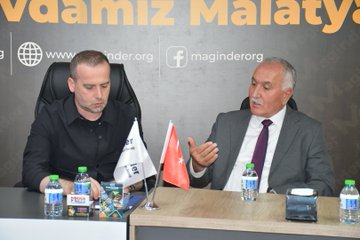 First image shows a group of eight people standing together in a formal indoor setting with a large banner reading MAGİNDER and Malatya behind them, including men and women in suits and casual attire, Turkish flags on poles. Second image depicts two men seated at a table in discussion, one in a black shirt gesturing, the other in a suit with a red tie, water bottles and documents on the table, banner with www.magland.org and Facebook logo. Third image features three people at a table, a man in black shirt, an older man in suit with purple tie, and a woman in pink blouse, with Turkish and white flags, water bottles, banner reading Vakfımız Malatya. Fourth image shows seven people seated around a conference table with water glasses, banner reading MAGİNDER and Ortak Sevdamız Malatya, Turkish flags, participants in formal clothing including suits and dresses.