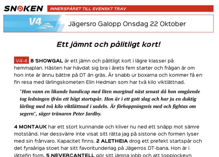 Sex rätt på V64 igår = + 1.824 kr.
Trio till 89 gånger idag med draget Showgal = + 1.045 kr. 💰
V86-tipsen finns nu på snoken.se. Jag tror stenhårt på min spik 12 Goodwin Zet i V86-5. Grymt intryck i finska loppkollen och Santtu Raitala är en löjligt bra kusk! 👑