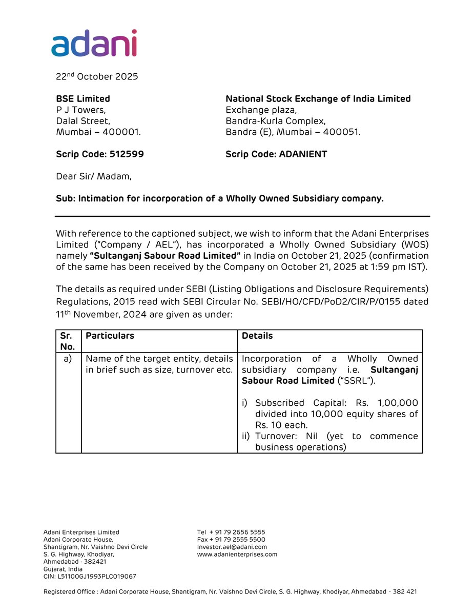 🔸️Adani Enterprises formed a new subsidiary company "Sultanganj Sabour Road Limited".

🔸️This new company will construct the 4-Lane Ganga Path from Sultanganj to Sabour.