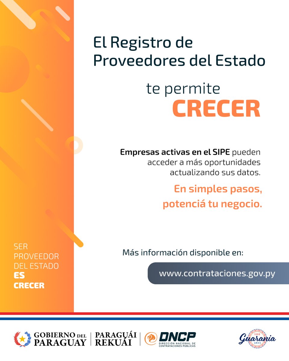 dncp_py's tweet image. ✅ Actualizá tus datos para ser parte del Registro de Proveedores del Estado.
Asegurate más oportunidades en simples pasos. 🙌🏻
Ingresá a 🔗bit.ly/Actualización-… para saber más.