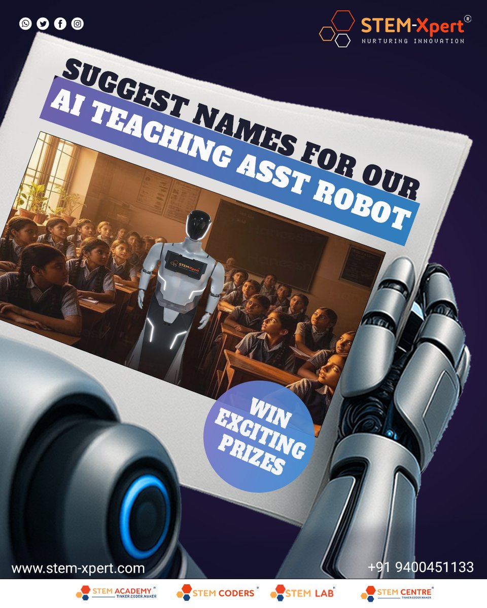 🤖 Help us name our AI Teaching Assistant Robot!
  Drop your suggestion below &amp; stand a chance to win exciting prizes 🏆
  #STEMXpert #AI #STEMEducation #HumanoidRobot #Innovation
🌐 stem-xpert.com | ☎️ +91 9400451133