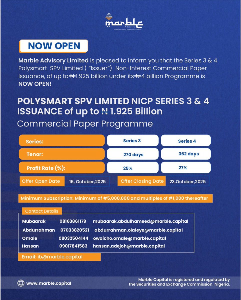 marblecapital's tweet photo. STILL LIVE!
Polysmart’s ₦1.925Bn Non-Interest Commercial Paper is open!
Series 3: 270 days | 25.00% yield
Series 4: 362 days | 27.00% yield
Shariah-compliant (Murabaha)
Backed by Nigeria’s recycling powerhouse
Closes Oct 23
#Polysmart #IslamicFinance #GreenInvesting https://t.co/5kOT9dsDee