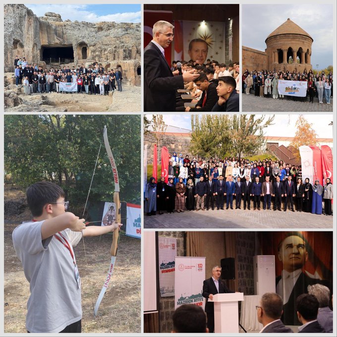Collage of four images from educational cultural event. First image shows ancient stone ruins with arched entrance under blue sky and large group of people including students and officials standing together holding banners. Second image depicts man in suit presenting award to young boy on stage with audience and flags in background. Third image features young boy in white shirt aiming bow and arrow at target with group of students in uniforms standing behind under Turkish flags and trees. Fourth image shows man in suit speaking at podium with banner behind him and portrait of older man on wall.