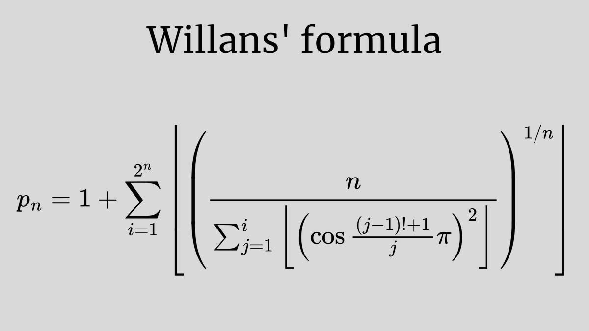 Math_files's tweet photo. In 1964, Willans' gave the formula for the nth prime number p_n.