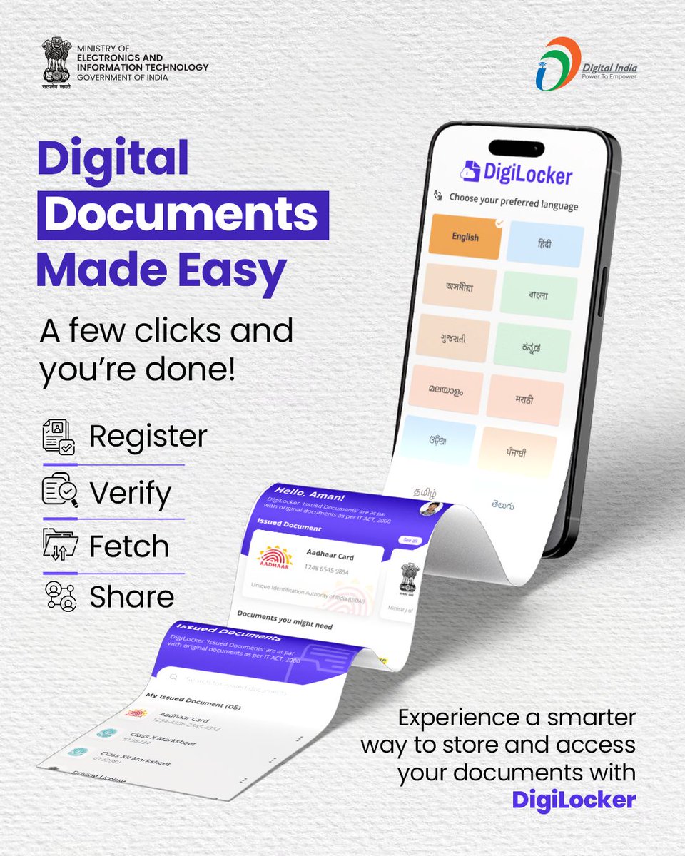 GoI_MeitY's tweet image. Experience a smarter, safer, and faster way to store your important documents with DigiLocker. 
Your documents, your control, your convenience.

#DigiLocker #DigitalIndia #PaperlessIndia #eGovernance #SmartIndia