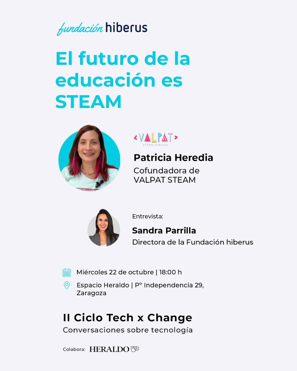 pherediagil's tweet image. Hoy en #Zaragoza participo en #TechxChange de Fundación @Hiberus junto a @SandraParrilla para hablar de cómo la #EducaciónSTEAM puede inspirar talento y curiosidad.
¿Nos vemos? 👇
El futuro de la educación no está solo en la #tecnología, sino en cómo la usamos para inspirar.