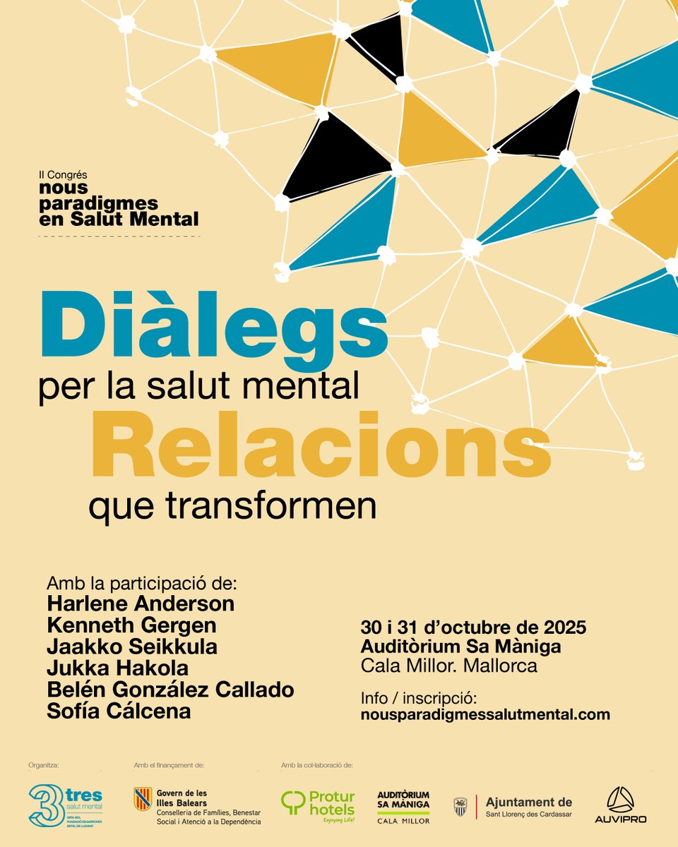 💡 3 Salut Mental reuneix a Mallorca les principals veus expertes mundials en el II Congrés Internacional sobre Nous Paradigmes en Salut Mental.

📅 30-31 d’octubre
📍Auditori Sa Màniga (Cala Millor)
📝 Inscripcions obertes fins dia 26!

ℹ️ 3salutmental.com/noticie/3%20Sa…