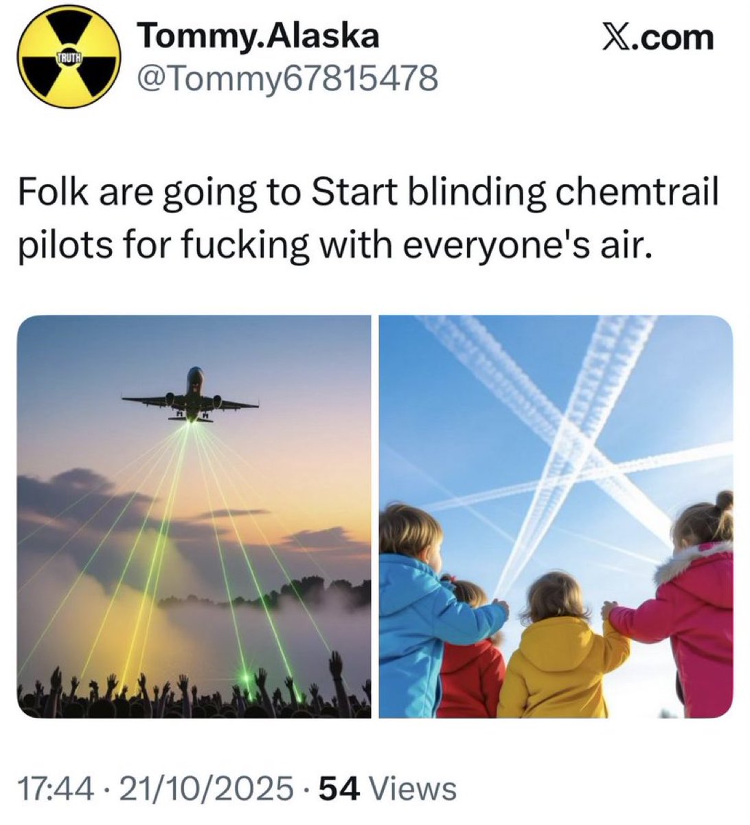 Scott Bateman MBE (@scottiebateman) on Twitter photo Please do not be like Tommy. Tommy is an idiot. 
Using a laser in this way is ILLEGAL in many countries and has significant penalties for the perpetrator, including fines and jail time potentially. 
Please do not shine anything at an aircraft. Please do not be like Tommy. Tommy is an idiot. 
Using a laser in this way is ILLEGAL in many countries and has significant penalties for the perpetrator, including fines and jail time potentially. 
Please do not shine anything at an aircraft.