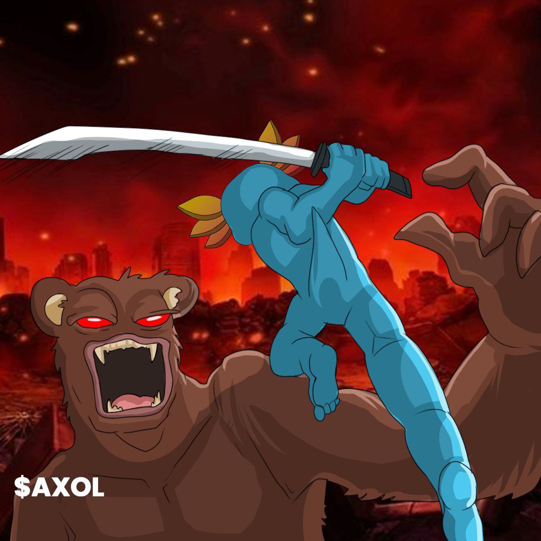 炎に包まれた都市景観で巨大な熊と剣で戦うカートゥーンのアホロートル、ラベルは $AXOL