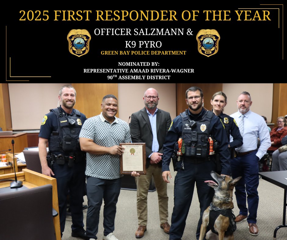 The Green Bay Police Department is proud to share that Officer Salzmann and K9 Pyro were honored at the City of Green Bay Common Council meeting on October 21, 2025, in recognition of their receipt of the “2025 First Responder of the Year” award.