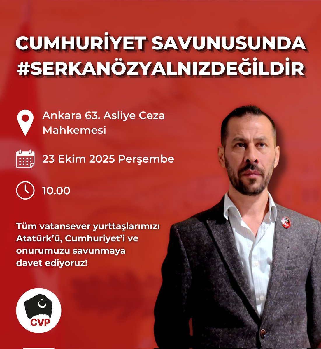 İstanbul'da mahsur kaldığım için orada olamayacağım ama yüreğim <a href="/CVPSerkanOz/">Serkan Öz</a> 'ün yanında. Ankara'daki tüm vatanseverleri yarın bu çılgın Türk'e destek olmaya çağırıyorum.
#SerkanÖzYalnızDeğildir 
<a href="/cvpgenelmerkez/">Cumhuriyetçi Vatanseverler Partisi</a>