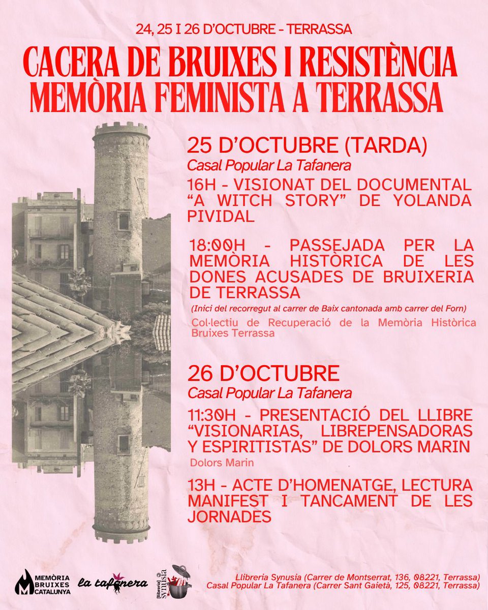 #Terrassa Este fin de semana, 24-26 oct, no te pierdas las jornadas "Caza de brujas y resistencia": 

📌 Debates
📌 Libros
📌 Documental "A Witch story"
📌 Paseo 
📌 Exposición

🌍 En el Casal Popular La Tafanera y la librería @Synusia_