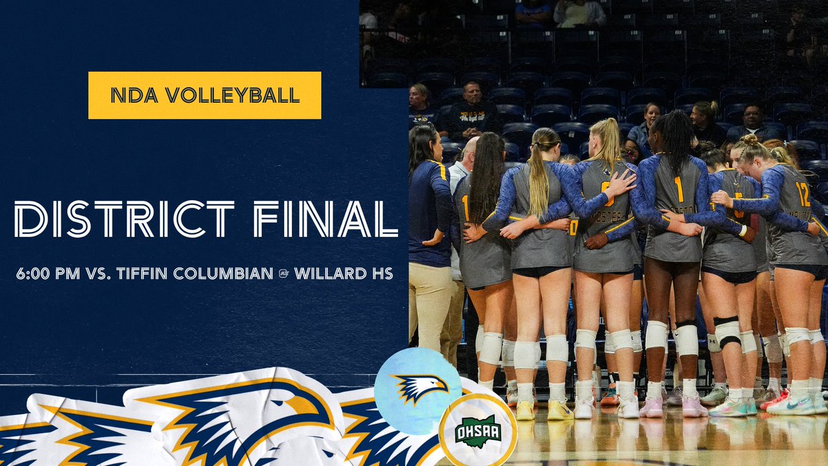 NDAEagleSports's tweet photo. Good luck to @NDAEaglesVB in the @OHSAASports DIII District Final today vs. Tiffin Columbian at Willard HS at 6 pm! 

Purchase 🎟️ here: https://t.co/GqQefJNXE4

🦅🏐 #GoNDAEagles #TourneyTime https://t.co/TYQnWV6qAS