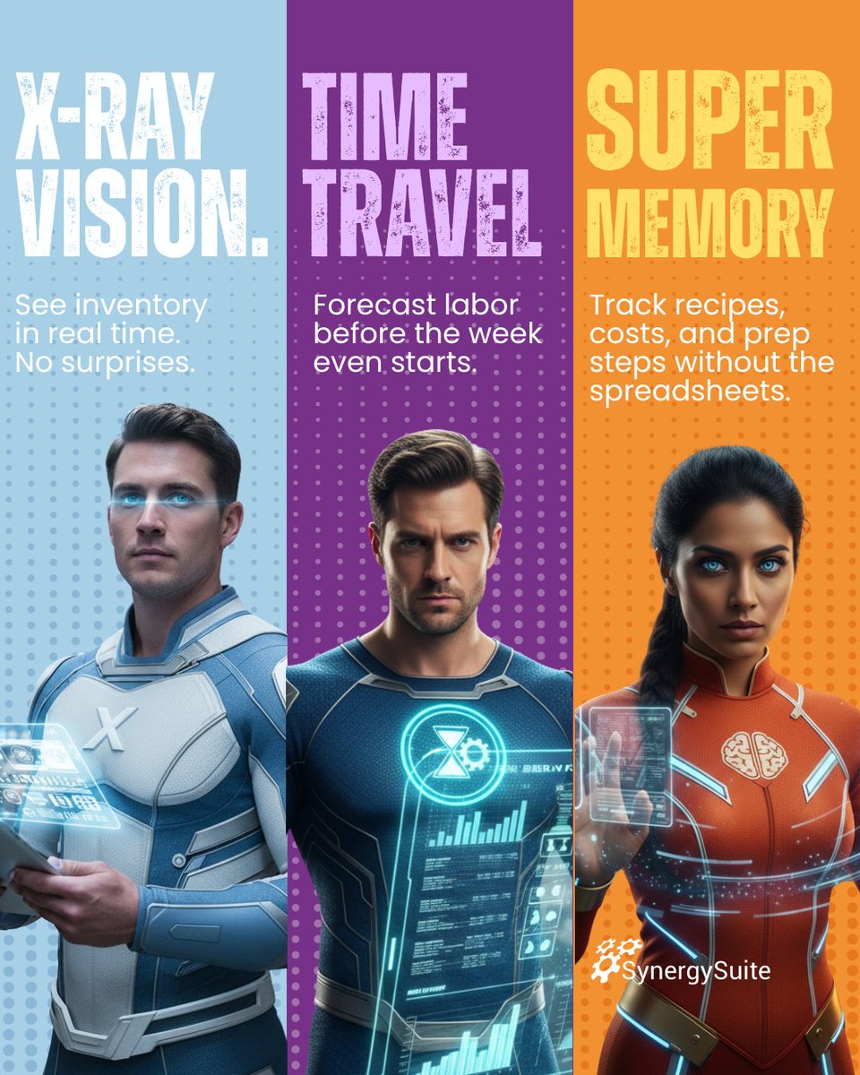 SynergySuite's tweet image. See it all. Plan ahead. Miss nothing. 🦸
That’s what running on SynergySuite feels like, smart tools that make every move count.
#SmartOps #RestaurantOps #HospitalityStrong