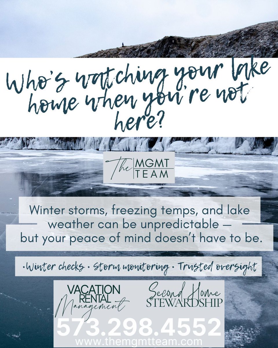 Away for the winter? We’ve got your lake home covered. 🏡
Trusted local care. Detailed check-ins. Real peace of mind.
The MGMT Team | themgmtteam.com
#LakeLife #PropertyManagement