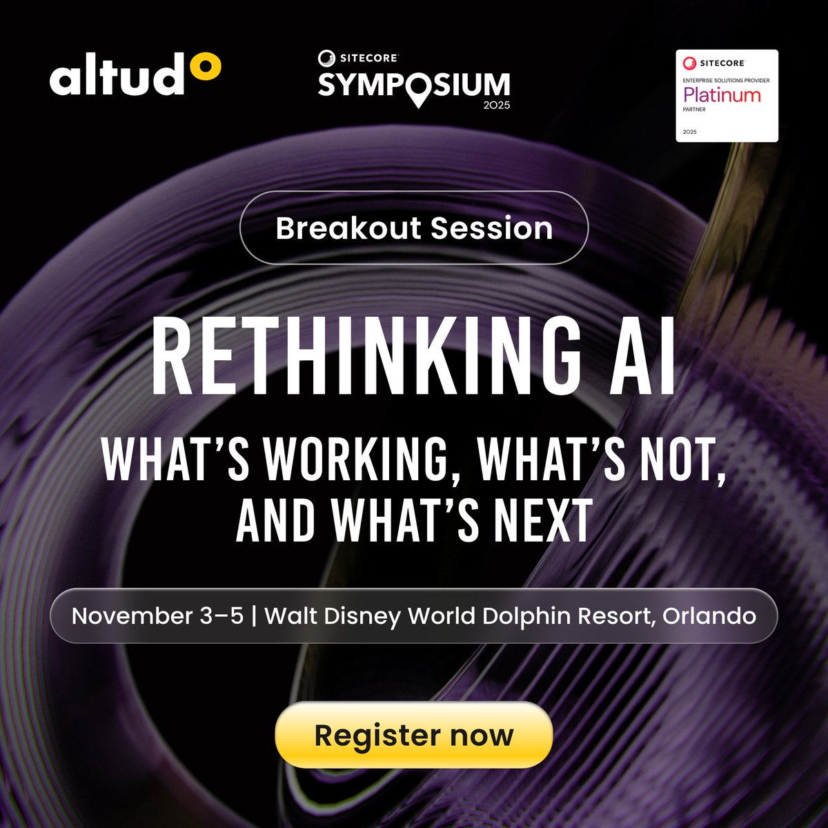 Sitecore's tweet image. 95% of #GenAI pilots fail. Not because of the tech, but because businesses haven’t rethought how work gets done. Join @David San Filippo at #SitecoreSYM 2025 as leaders from @GoTo 
#NextIsNow #AltudoAtSymposium25 #SitecorePartner